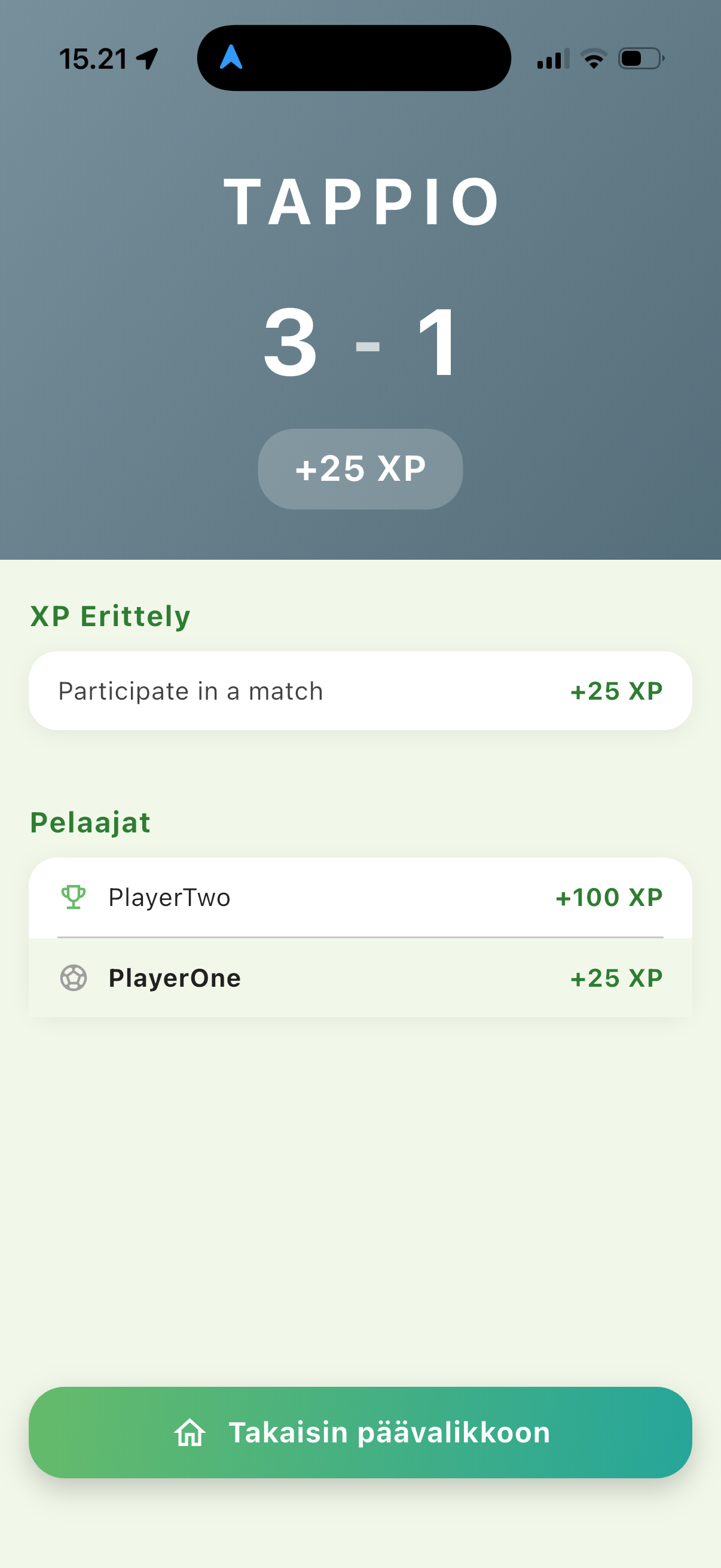 Pihapelit result and XP screen